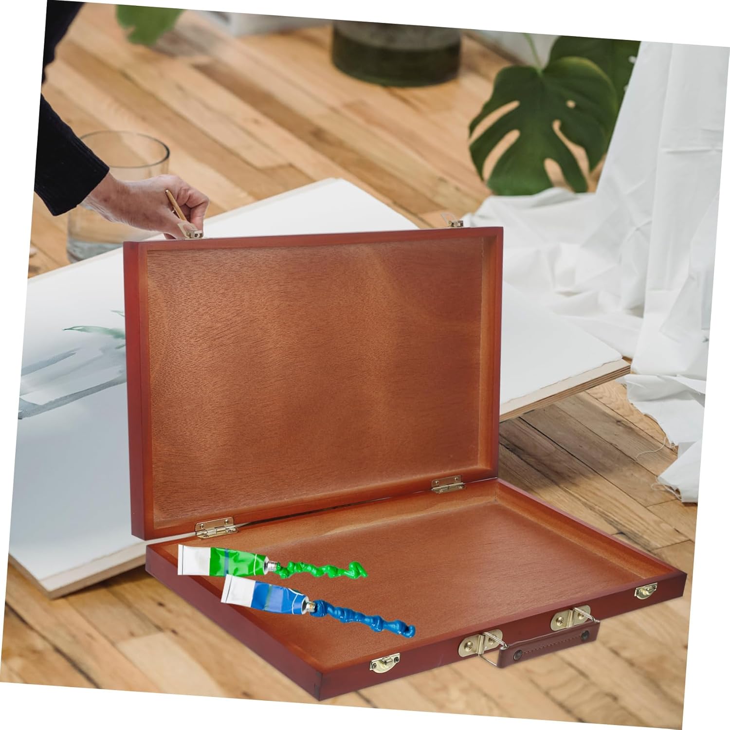 LOLIPPYY Wooden Painting Box for Students Portable Art Supplies Case Compartments Lightweight Mixing Palette for Oil Paints and Drawing Tools