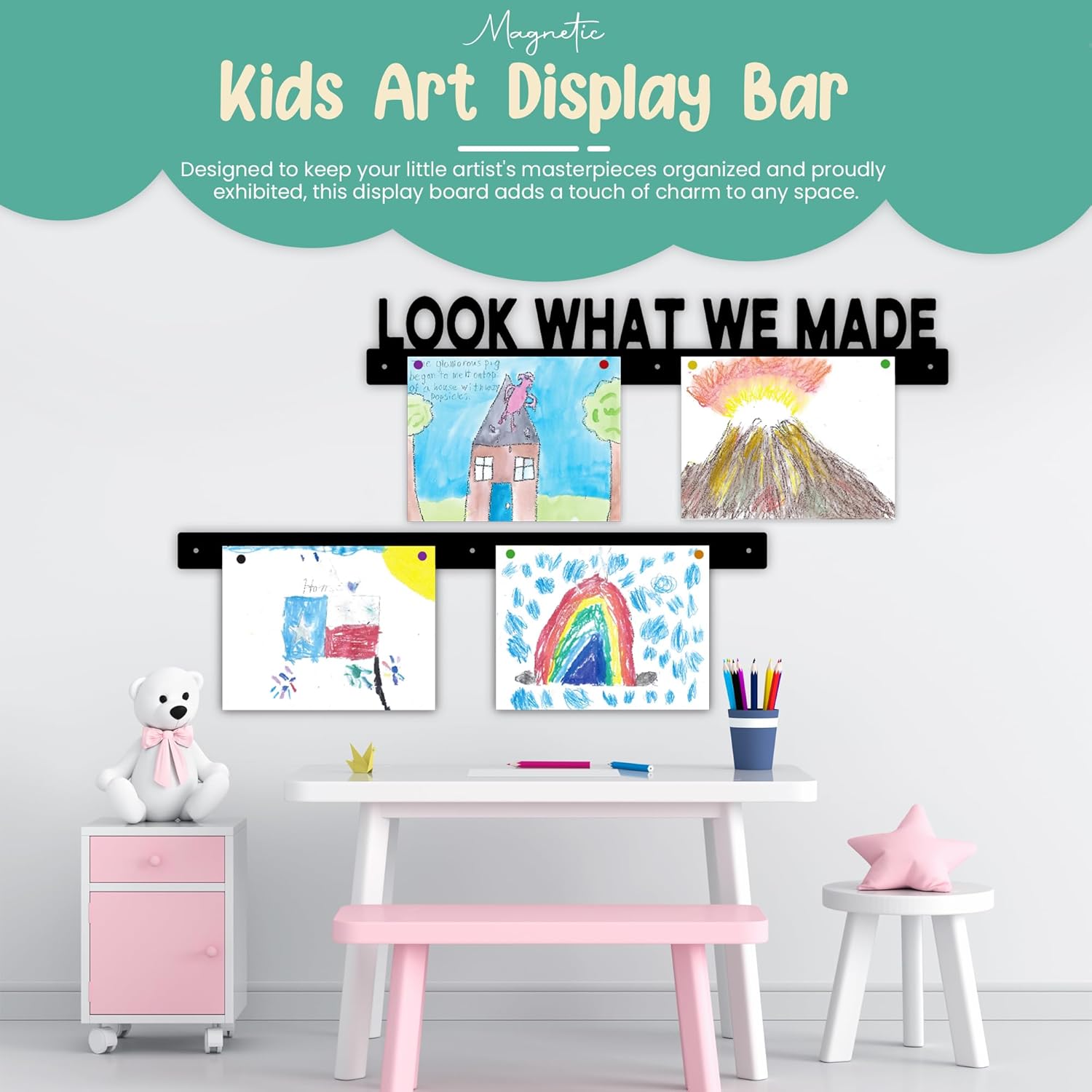 Look What We Made Magnetic Art Display for Kids Artwork - Kids Art Display - Artwork Display for Kids Art for Wall - Picture Hanging System - Display Children Artwork - Magnet Bar (24, Black)