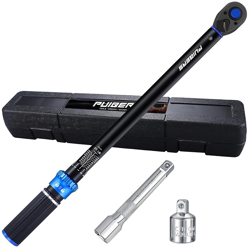 Chave de torque manual PUIBERS com acionamento de 1/2 pol., 13,6–230,5 N·m, catraca de 72 dentes, adaptador e extensão, PB10170F-3, 4 peças