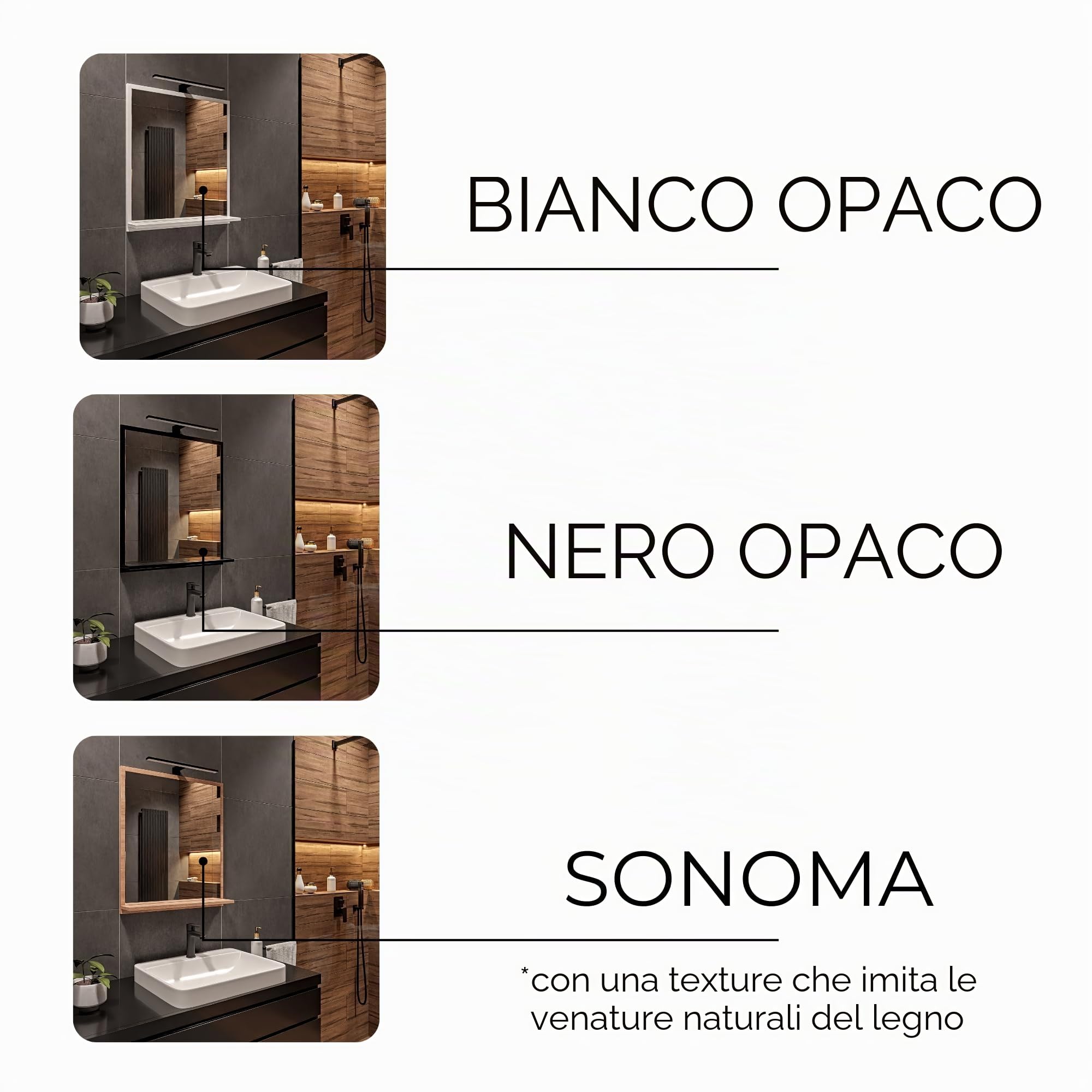 Sonoma Specchio da Bagno con Illuminazione LED 4000K IP44 H:70 x L:60 cm - Specchio da Parete con Ripiani - Colore della custodia LED: Nero