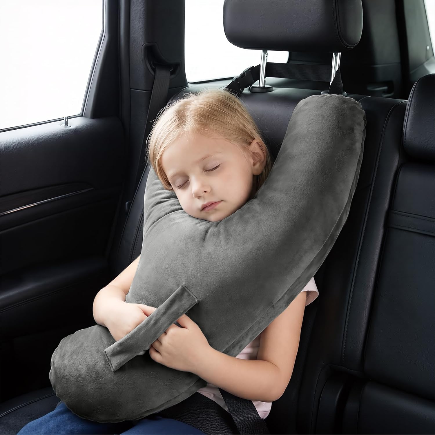 Kids Travel Pillow, Y-Shaped Car Sleeping Pillow for Kids, Head & Neck Support with Seat Belt Slot, Machine Washable Velvet Pillow with Zipper, 26.4x15.7x4.7 Inch, Gray