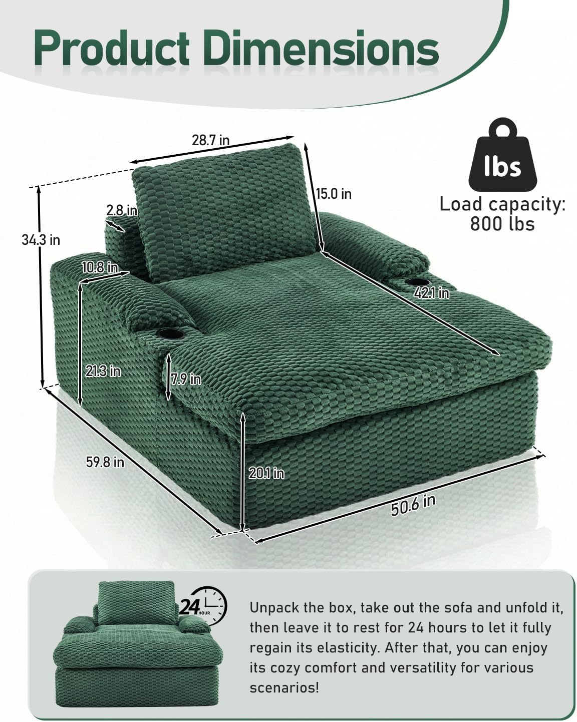 Karl home 50.6" Oversized Chaise Lounge Chair Indoor, Corduroy Sofa Bed with Removable Washable Cover & Cup Holders, Deep Seat Single Sleeper, No Assembly Required for Living Room, Dorm, Office, Green