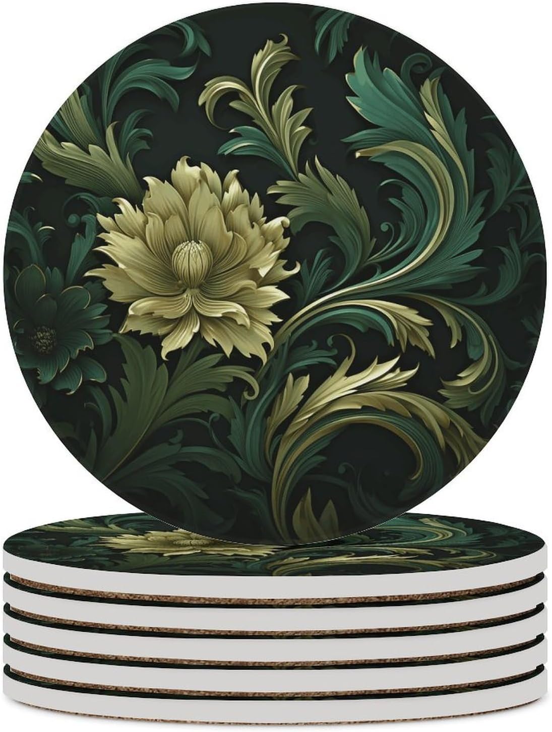 6PCS Dark Green and Green Style Coasters Non-Slip Round Drink Coasters with Ceramic Stone and Cork Base, Heat Resistant Absorbent 33.00Stone Coaster Set for Kinds of Mugs and Cups, 4 Inch
