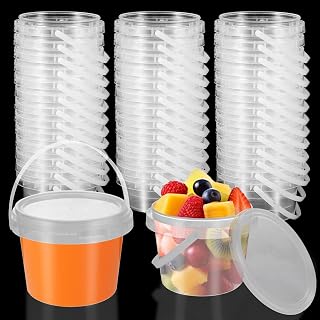 CYEAH 50 Pcs 10 oz & 16 oz Slime Containers with Lids and Handles, Plastic Storage Bucket Containers, Reusable Clear Party Cups for Party or DIY Art Craft, Pigment, Small Tools