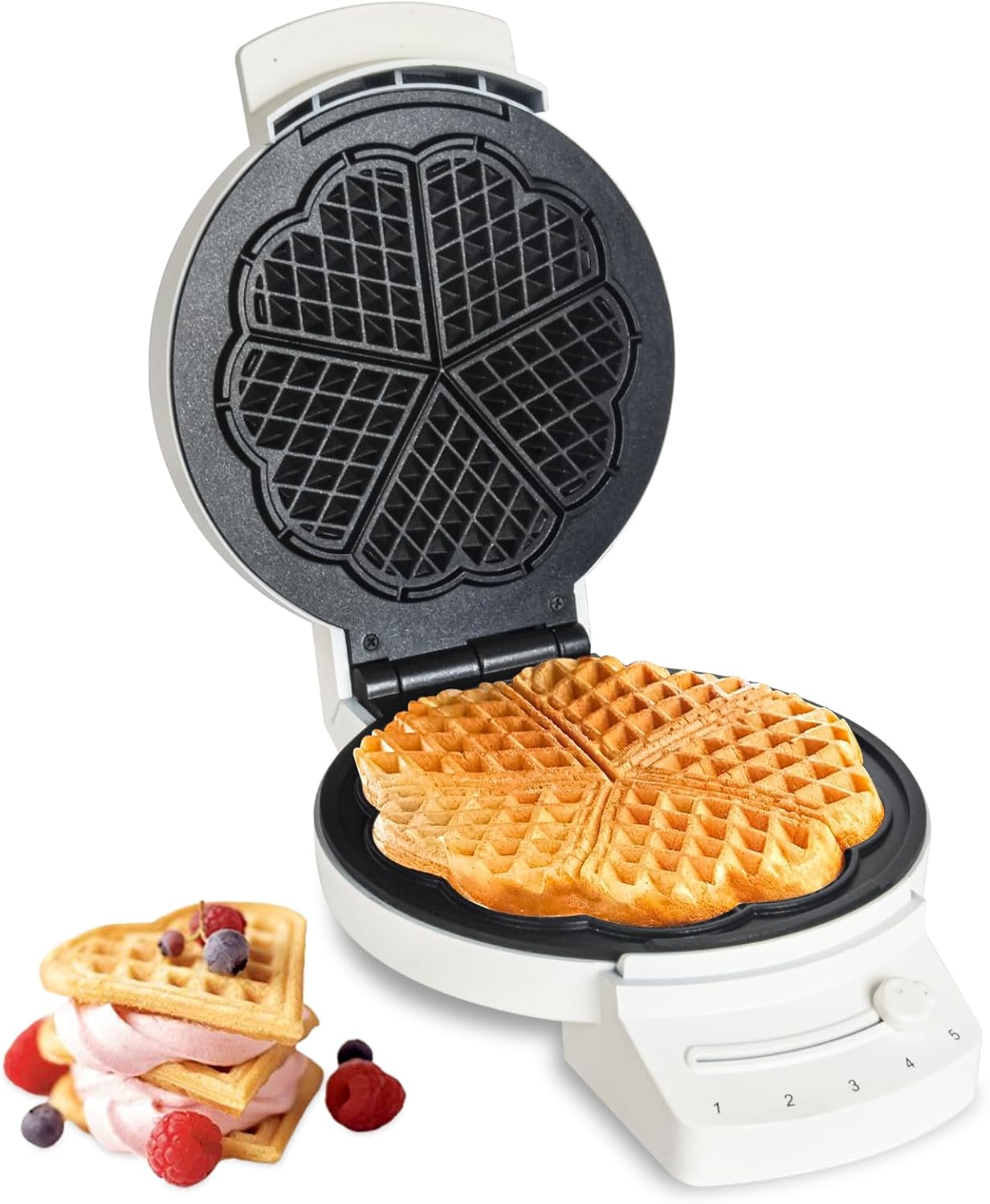 Electric Waffle Maker Heart-Shaped: 2 Non-Stick double-Side Heating Plates with 5-Setting Adjustable Browning Control for Fast Heating - No Flip Design & Compact Storage for Busy Families