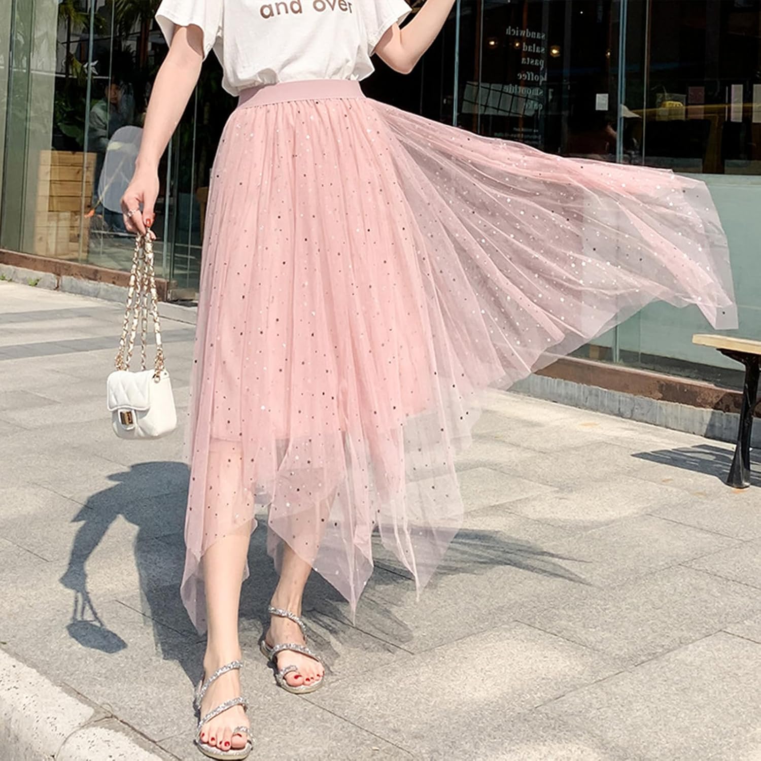 Women Tulle Skirts Layered Tutu Skirt Midi Length Elastic High Waist A Line Skirt - Image 8