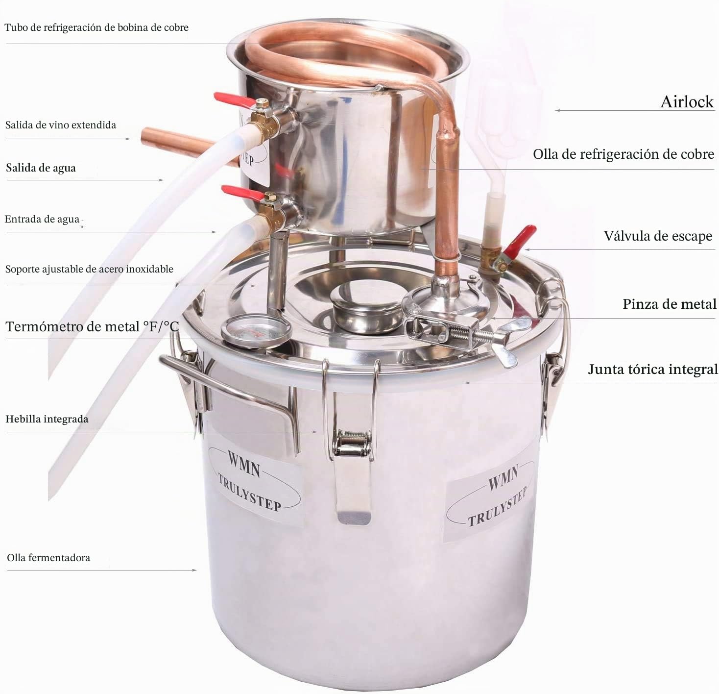 Alambique para destilación casera 3 recipientes serpentín destilación alcohol vino aceites esenciales cerveza