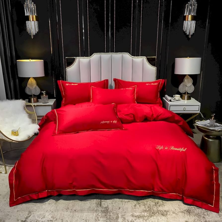 Amazon|100%純綿 敷きふとんカバー 赤 ダブル 枕カバー 4点セット Amazon|100%純綿 敷きふとんカバー 赤 ダブル 枕カバー 4点セット