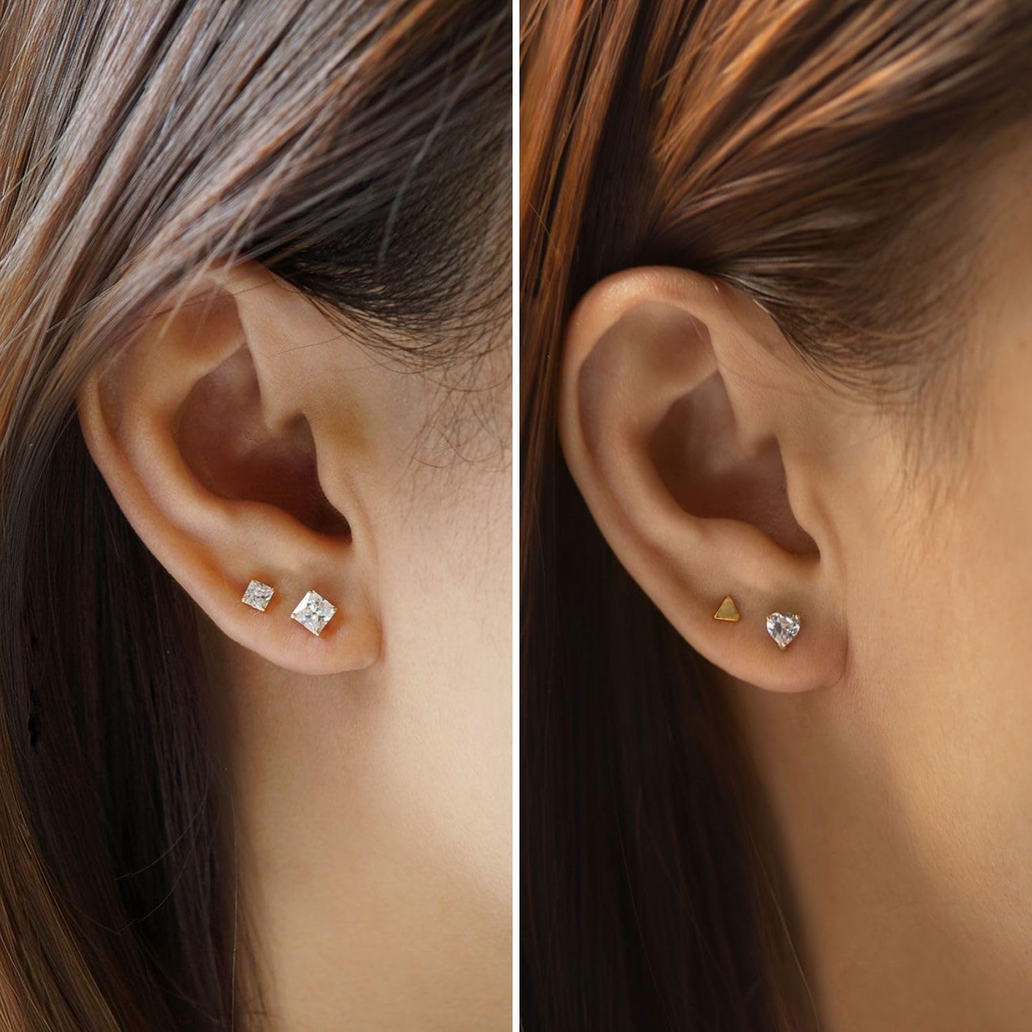 LUCA SMITH 5 Pairs 14K Gold Plated CZ Stud Earrings for Women Men Girls, 925 Sterling Silver Post Simulated Diamond Round Square Pear Shape Water Drop Shape Heart Shape Hypoallergenic Clear Cubic Zirconia Ear Pierced Stud Set - Image 2