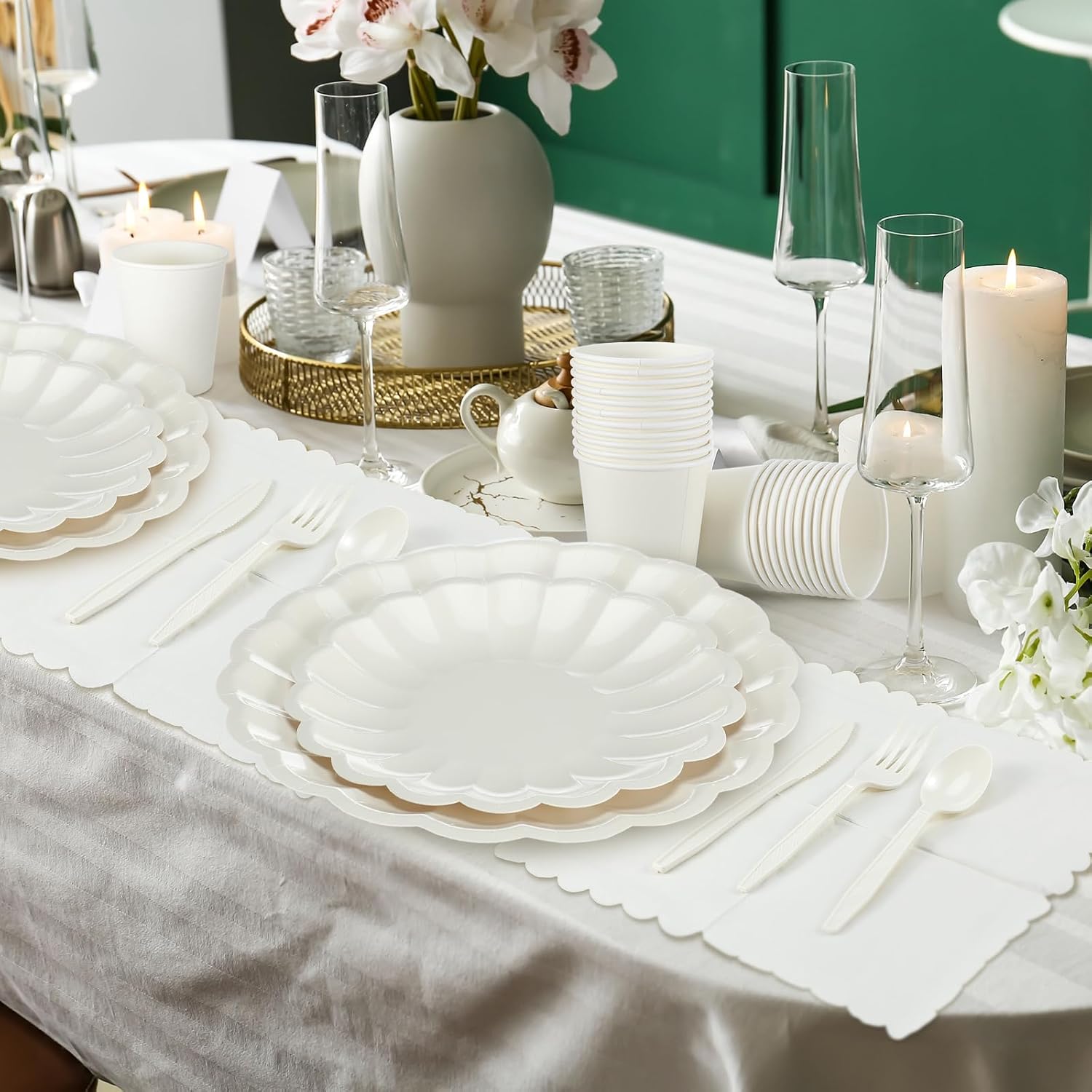 350 Pcs Cream White Scalloped Paper Plates Shell Edge Disposable Tableware Cocktail Napkins Cups Plastic Spoons Forks Knives for Wedding Baby Shower Picnic Birthday Party Supply for 50 Guests - Image 6