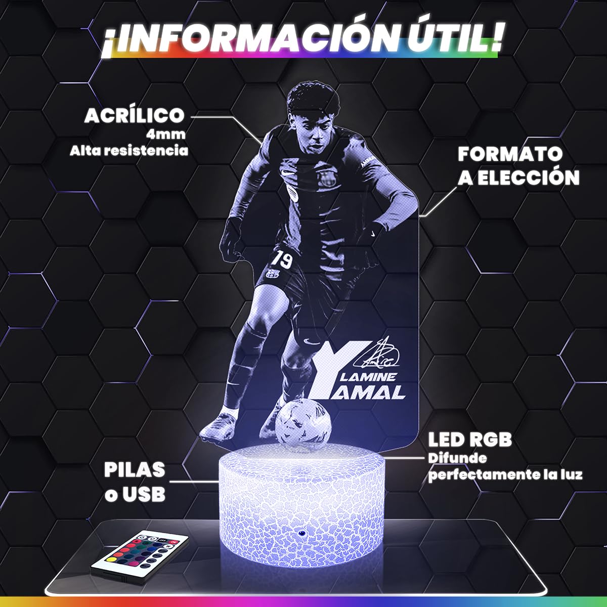 Lámpara de cabecera - Luz de noche táctil L. Yamal Barcelone 3D LED ilusión, idea regalo Navidad cumpleaños niño y niña dormitorio TOP