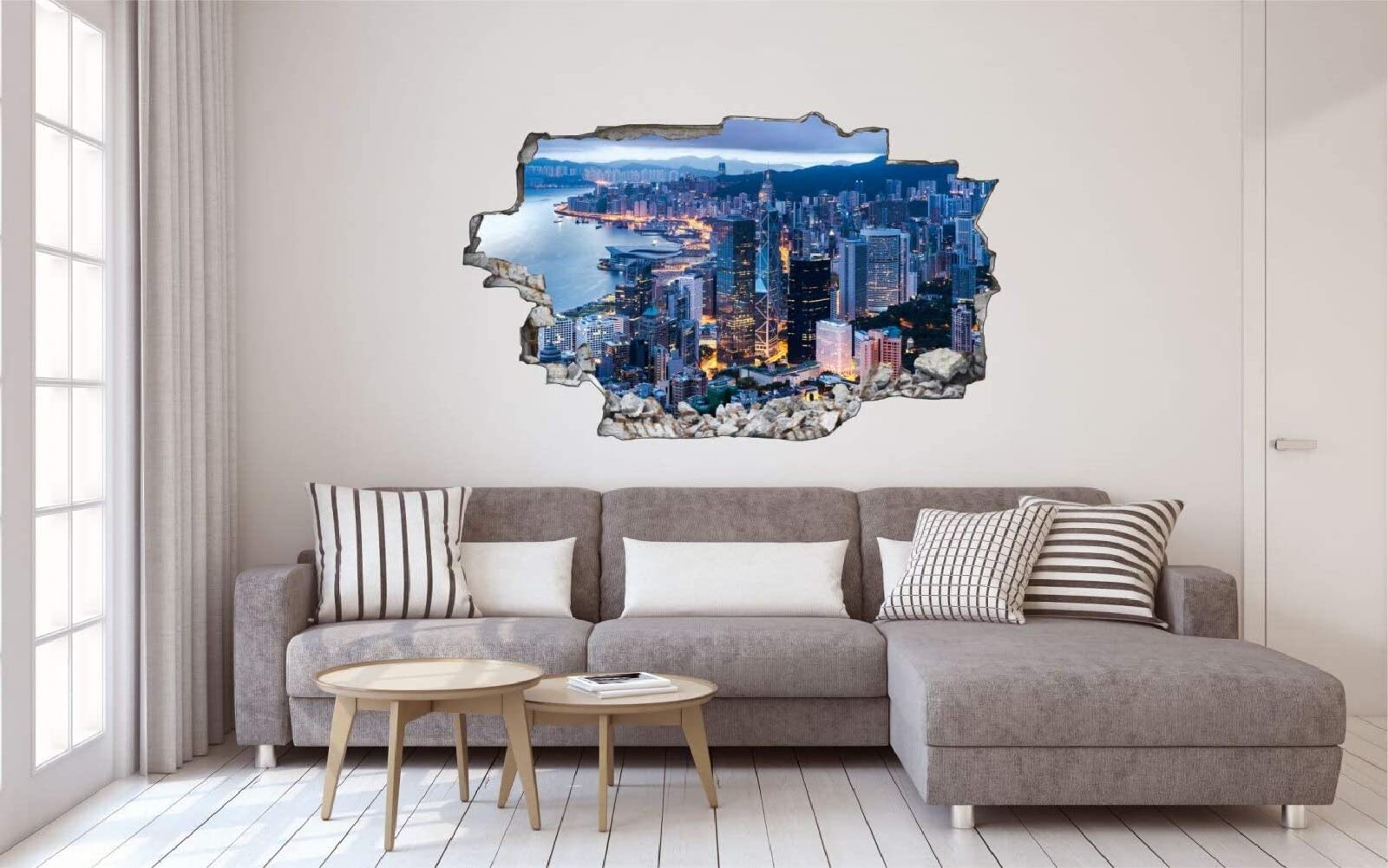 Sztuka ścienna naklejki 3D miasto panorama specjalny efekt widok na zewnątrz pęknięta ściana dekoracyjne usuwalne DIY winylowe naklejki ścienne salon, sypialnia mural 75 x 113 cm