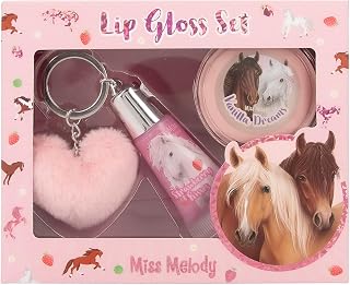 Depesche 12941 Miss Melody Lip Gloss Set in Horse Design for Kids, 2 Glosses with Fruity Fragrances, Including Plush Pendant, Pink