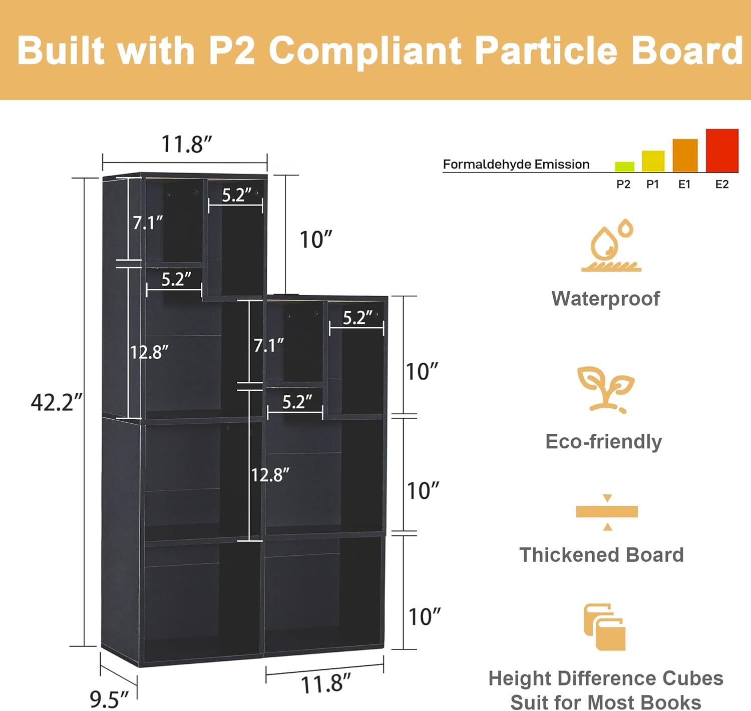 VECELO Narrow Bookshelf Set, Fits 9.3" × 10-12.8" Hardcovers, Cube Storage Bookcases, Free-Standing for Living Room, Bedroom, Home Office, 3/4-Tier, 2-Pack, Black