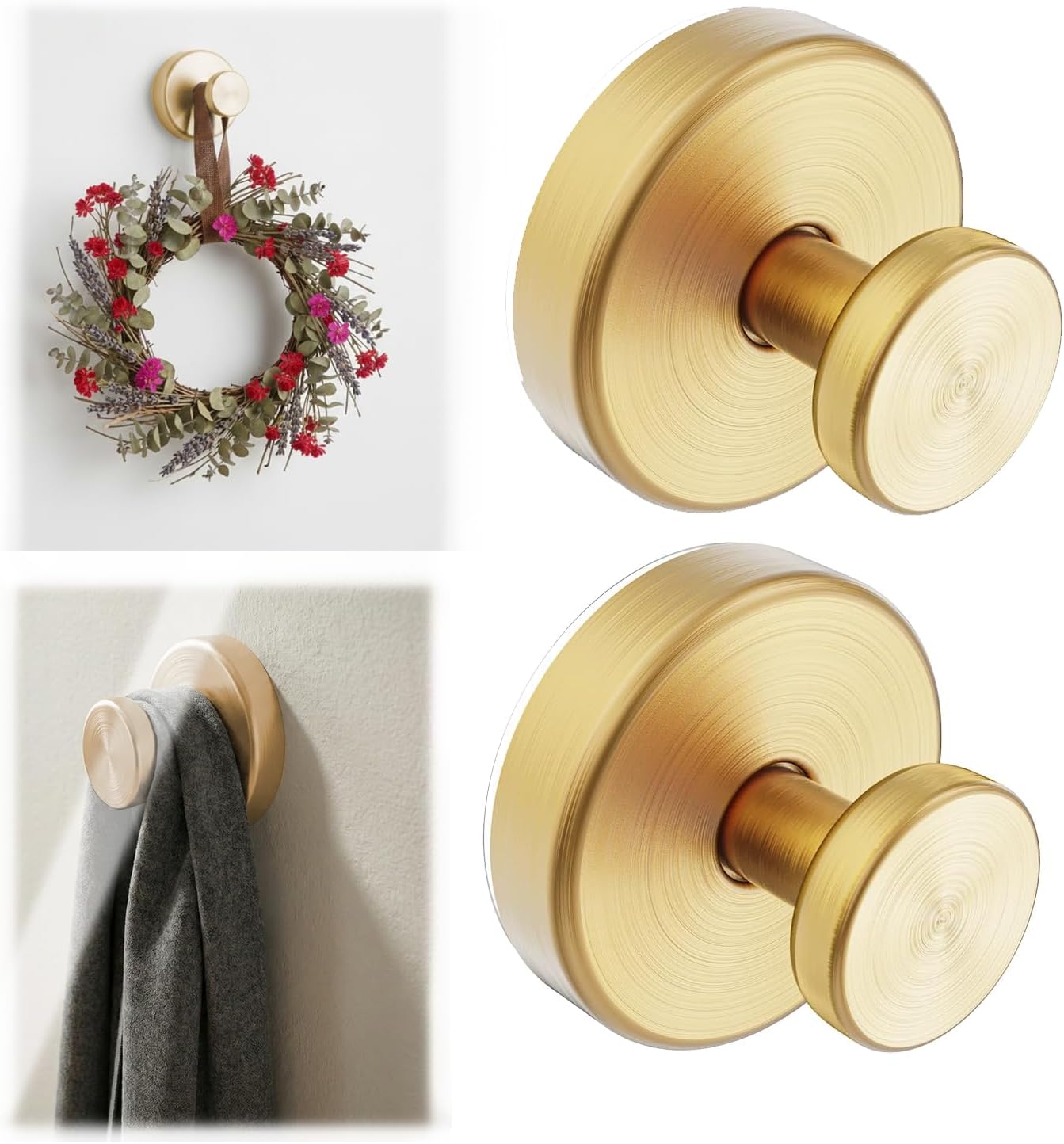 Upgraded Suction Cup Hooks for Shower, Bathroom, Kitchen, Glass, Mirror, Tile Wall, No Drill Hooks for Towels, Robes, Loofah, Coat,Wreaths Holder up to 15 lbs-2 Pack (Gold)