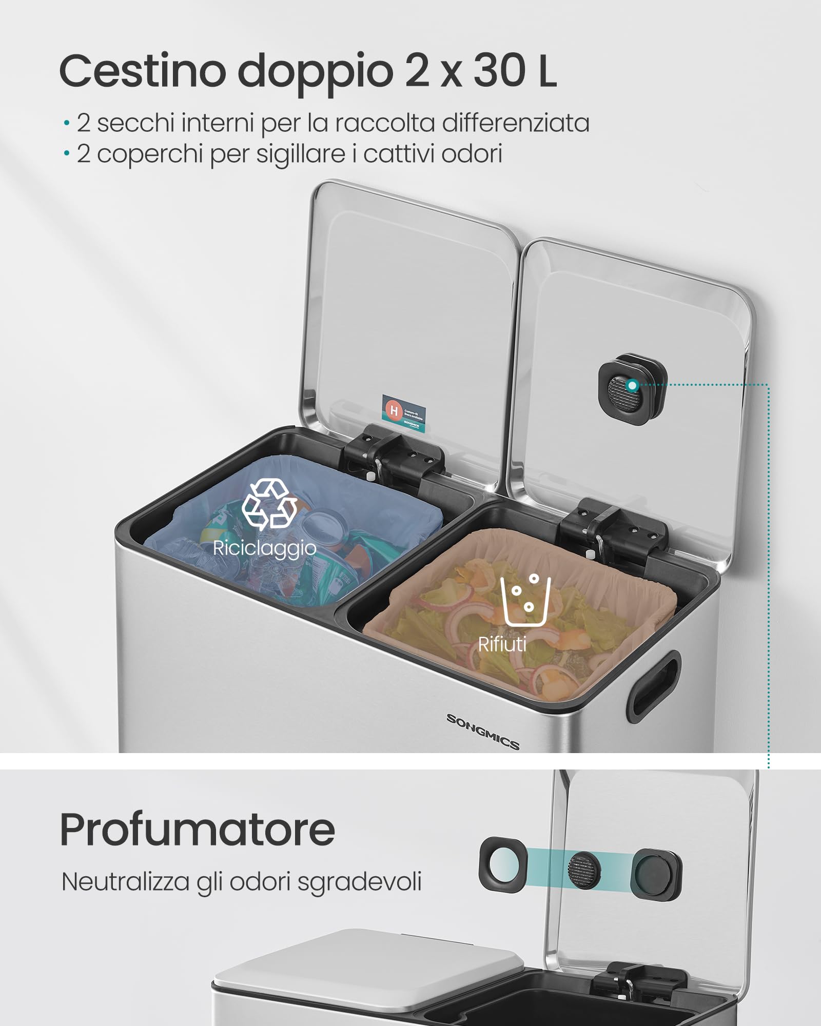 SONGMICS Cestino da Cucina, 2 x 30 L, 2 Scomparti per Raccolta Differenziata, con Coperchi a Chiusura Morbida e Secchi Interni Rimovibili, Pedali, Acciaio Inox, Argento Metallizzato LTB743E01