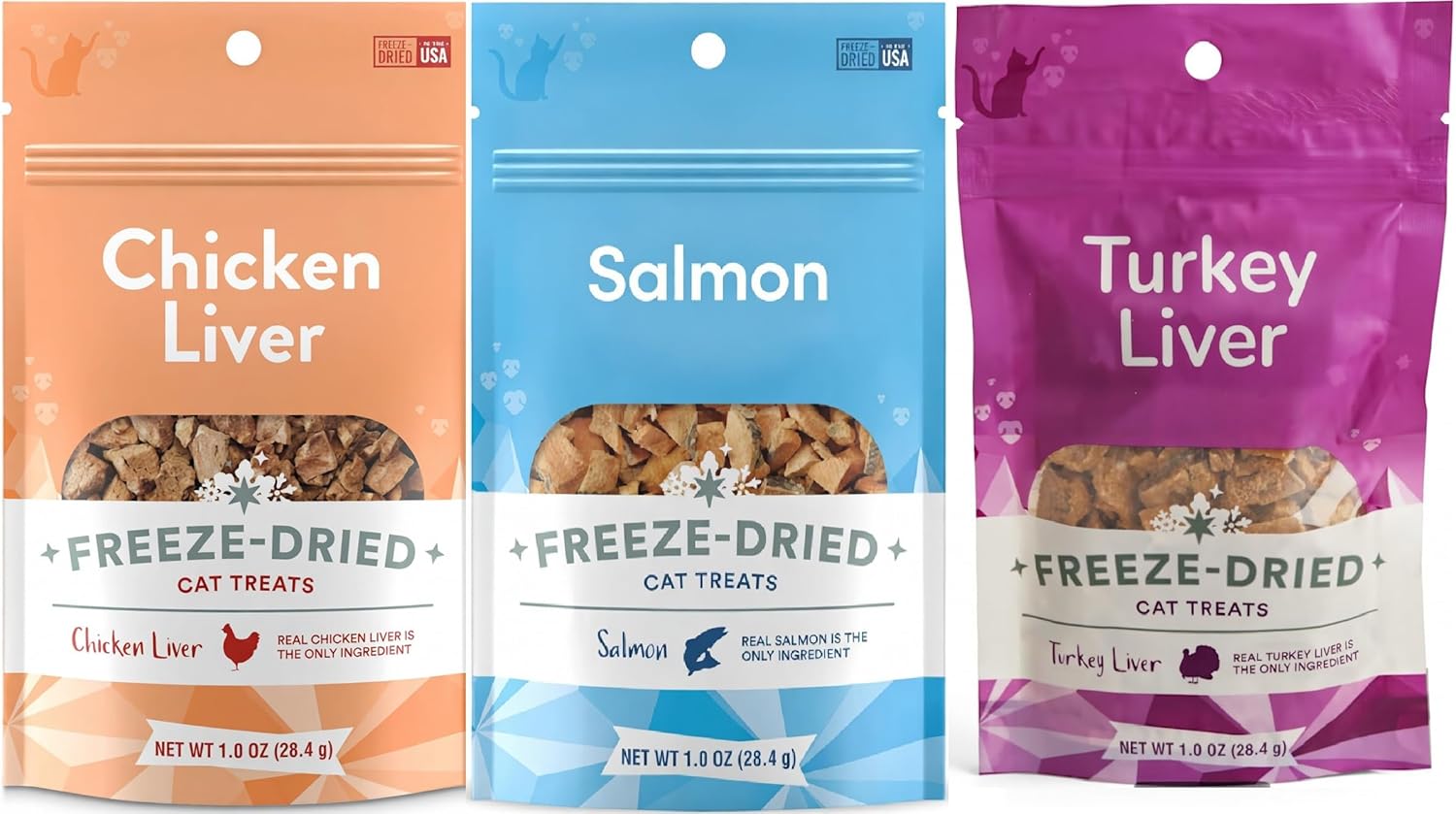 Freeze Dried Cat Treats Variety Pack 3 oz (3 x 1 oz) Chicken Liver Turkey Salmon Single Ingredient Healthy Kitten Treats All Natural Grain Free High Protein Crunchy Cat Snacks Made in USA Indoor