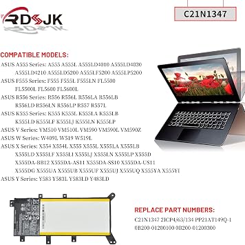 C21N1347 Laptop Battery for Asus X554L X555 X555L X555LA X555LD X555LN X555MA A555 A555L A556 A556U K555 K555Z K555L K555LA K555LD R556L R557L VM510 Y583L Y583LD F554L F555U F555L FL5500 Series 37Wh