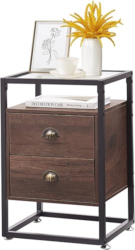 VECELO Mesita de noche moderna, mesita de noche para sala de estar, dormitorio, vidrio templado, mesa auxiliar con 2 cajones, color negro vintage