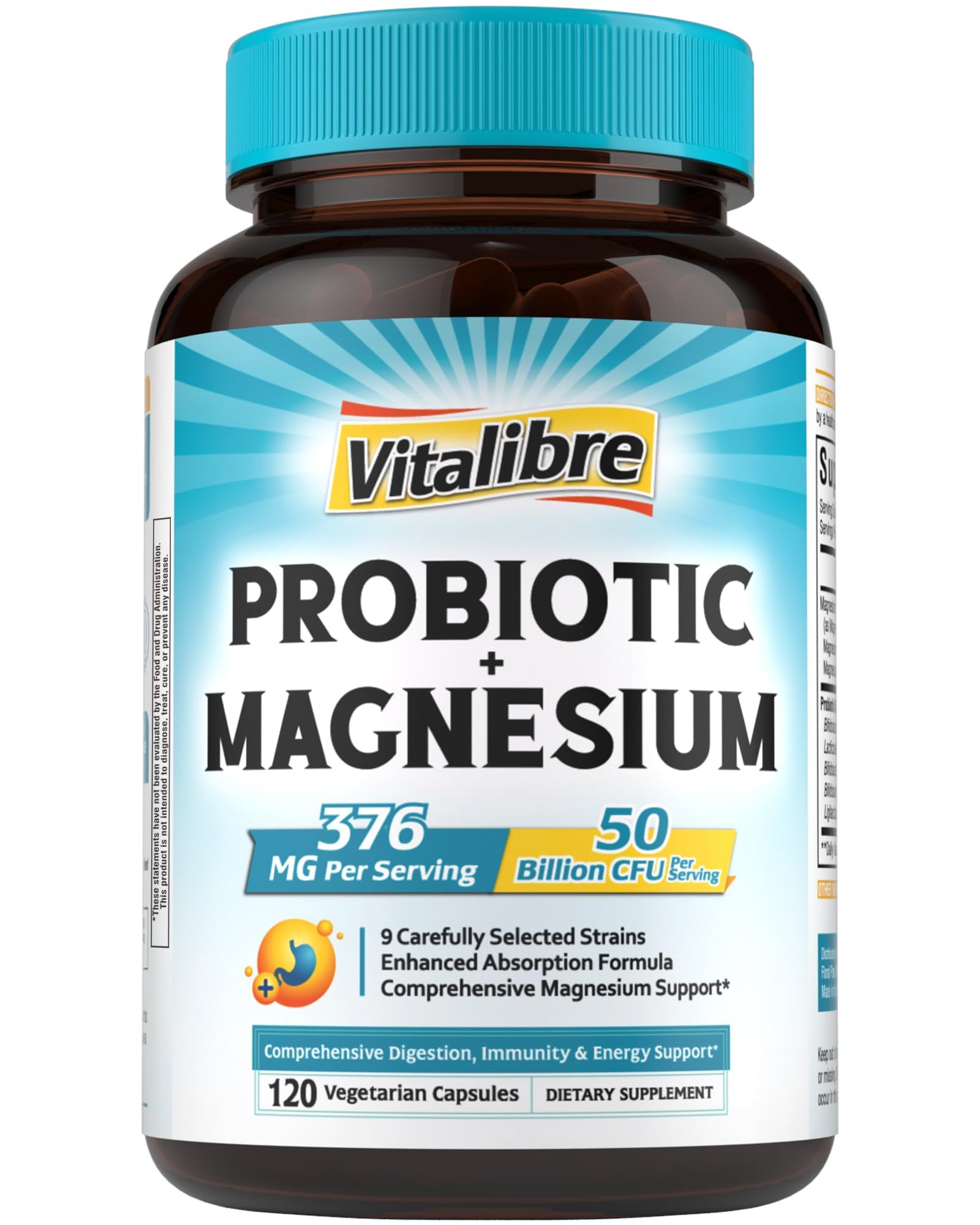 Vitalibre Probiotic with Magnesium Complex for Women Men, 50 Billion CFU, 9 Strains, Magnesium Glycinate Citrate Malate for Digestion, Immunity, Bone, Energy & Recovery, 120 Vegan Capsules, Non-GMO Unflavored 120 Count (Pack of 1)