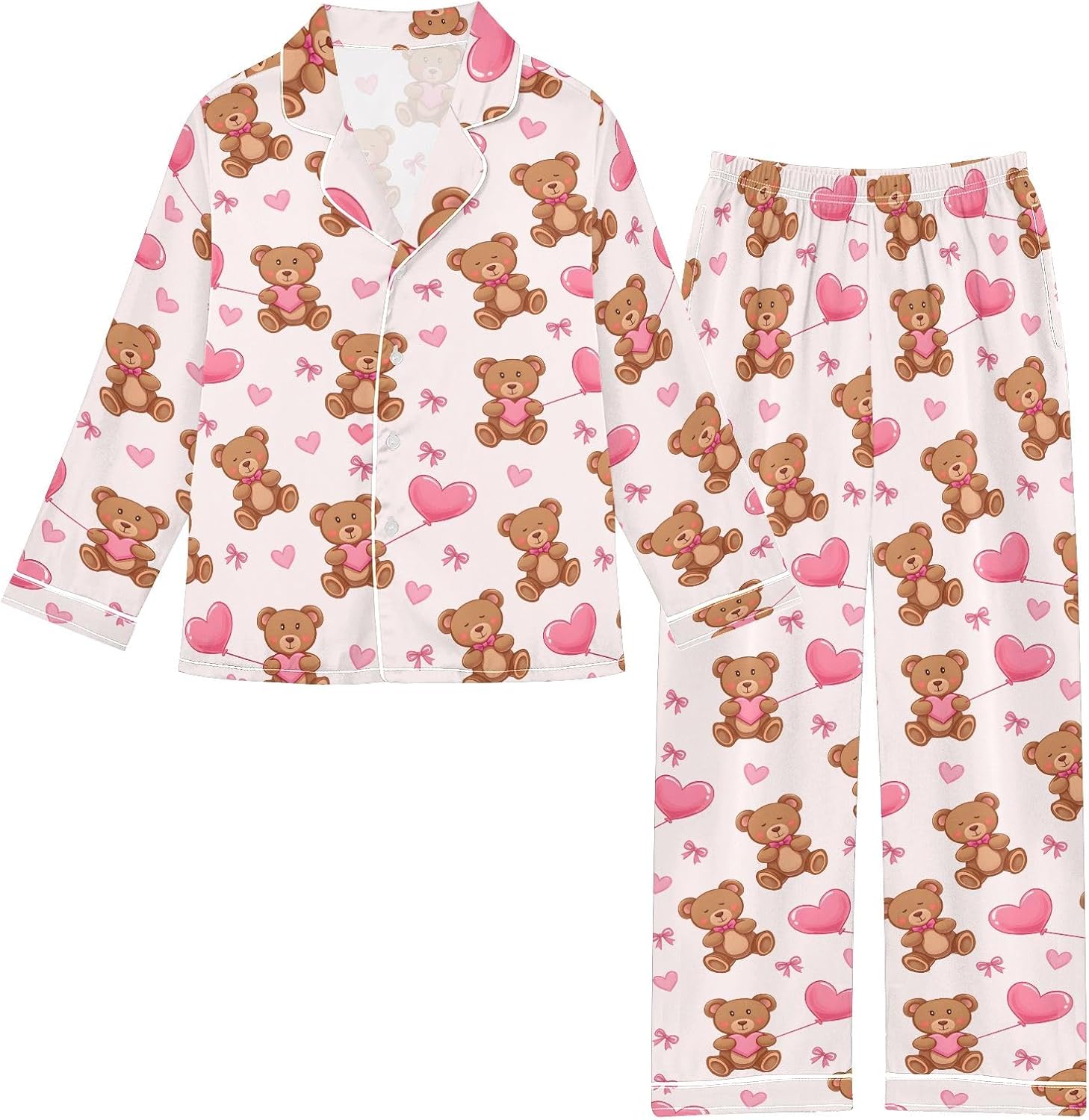 Kids Casual Satin Wear Set Brown Bear Love Balloon Pattern Unisex Relaxed Fit Clothing