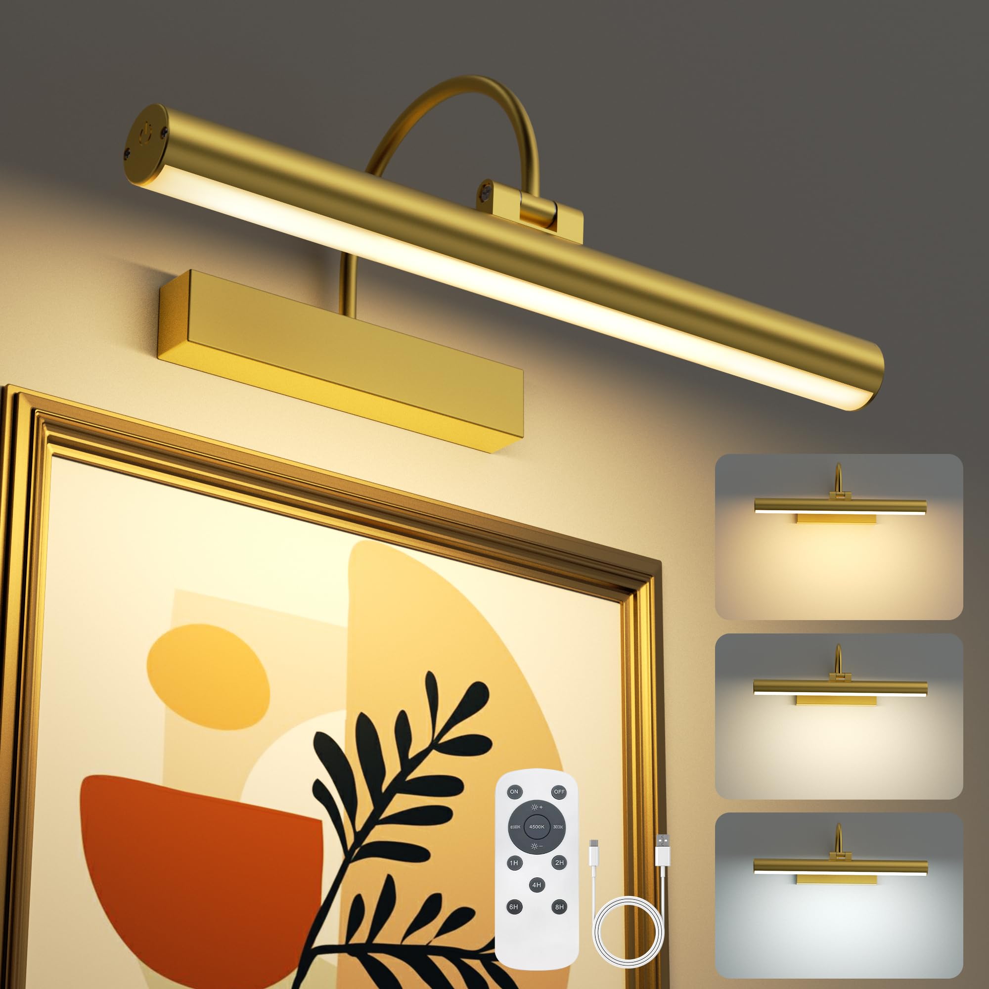 VOLISUN Picture Lights for Wall, 13 inch Rechargable Picture Light Battery Operated, 3 Color Temperatures Cordless Picture Light with Remote, Art Light for Paintings, Gallery, Portrait, 1 Pack (Gold)