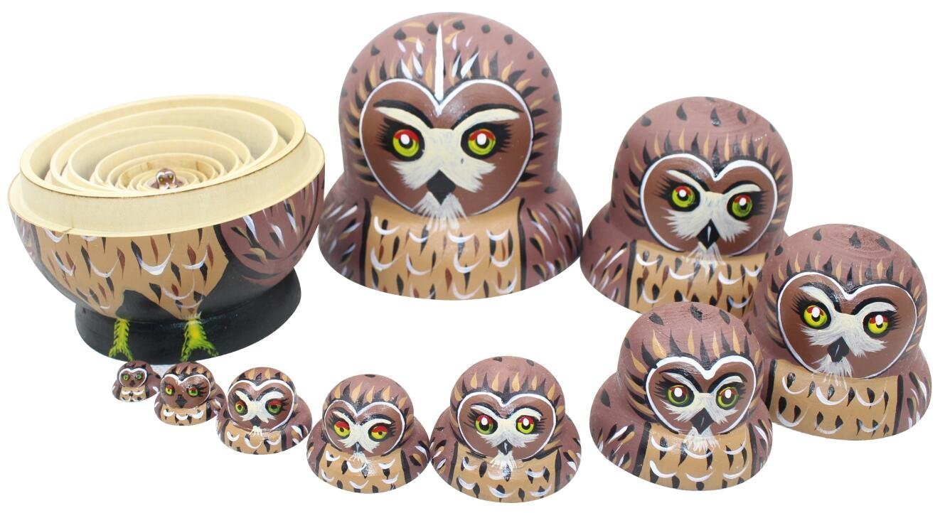 Winterworm 1 Lot de 10 pcs Cute Owl Thème Animal en Bois empilage gigogne Crèche de Noël Faite à la Main poupée Russe Enfant Cadeau Jouet