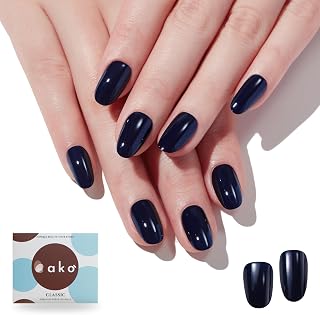 Short Press on Nails, Navy Blue Acrylic Press on Nails Short, Glossy Gel Blue Fake Nails, Reusable False Nails, Natural Fit Glue on Nails for Women, Acrylic Nail Kit with 30 Stick On Nails