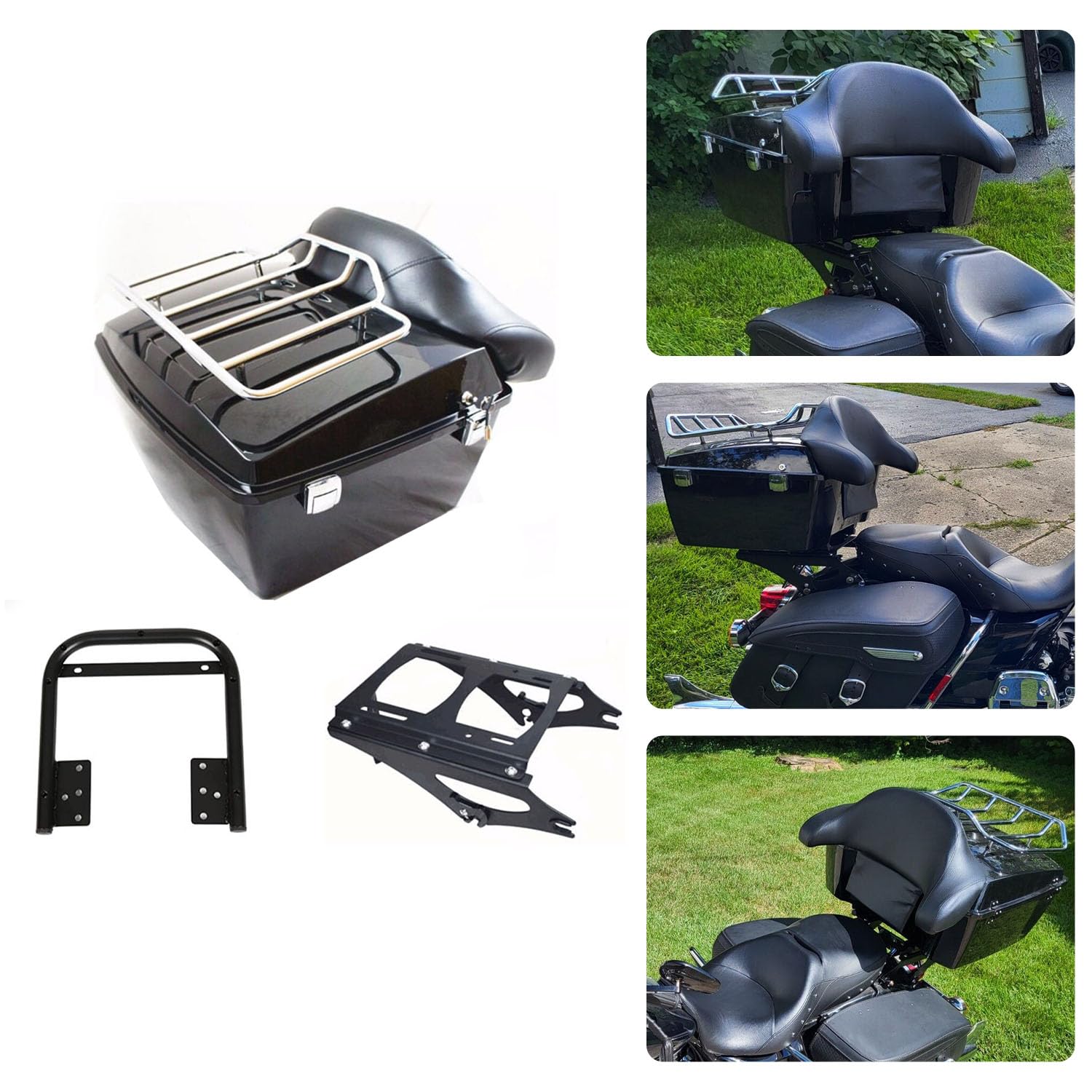 ECOTRIC King Luggage Trunk W/Backrest & Mount Rack Compatible with Harley Davidson Touring Model 2009-2013 Electra Glide/CVO/Road Glide/Road King/Street Glide Top Luggage Rack Carrier Set