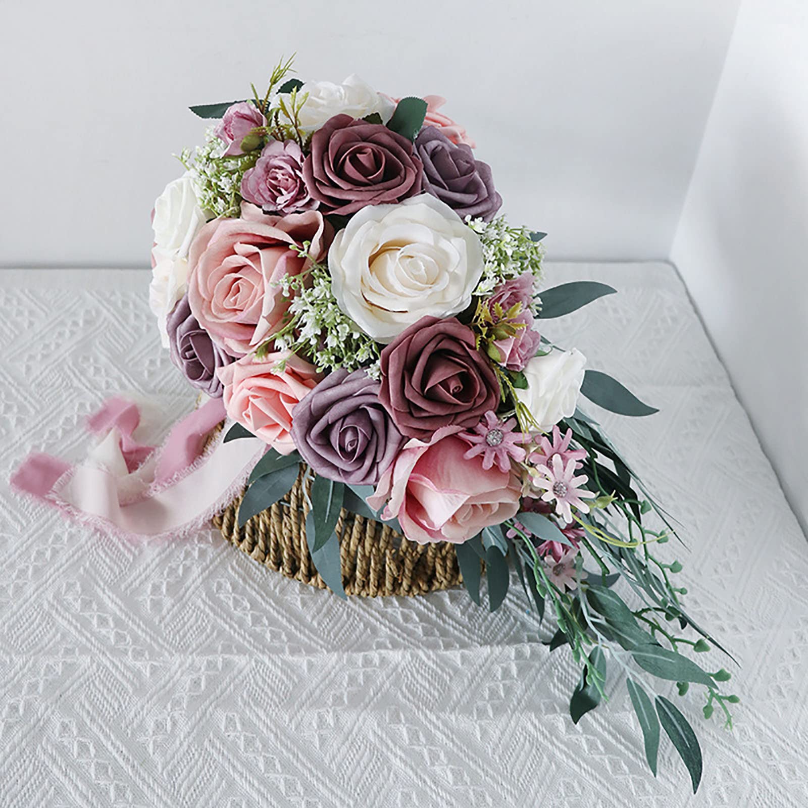 Bouquet de Fleurs artificielles, Fleurs de la mariée, Bouquets de Mariage en Forme de Goutte d'eau, Bouquet de Roses artificielles Roses et romantiques pour Anniversaire de cérémonie de Mariage