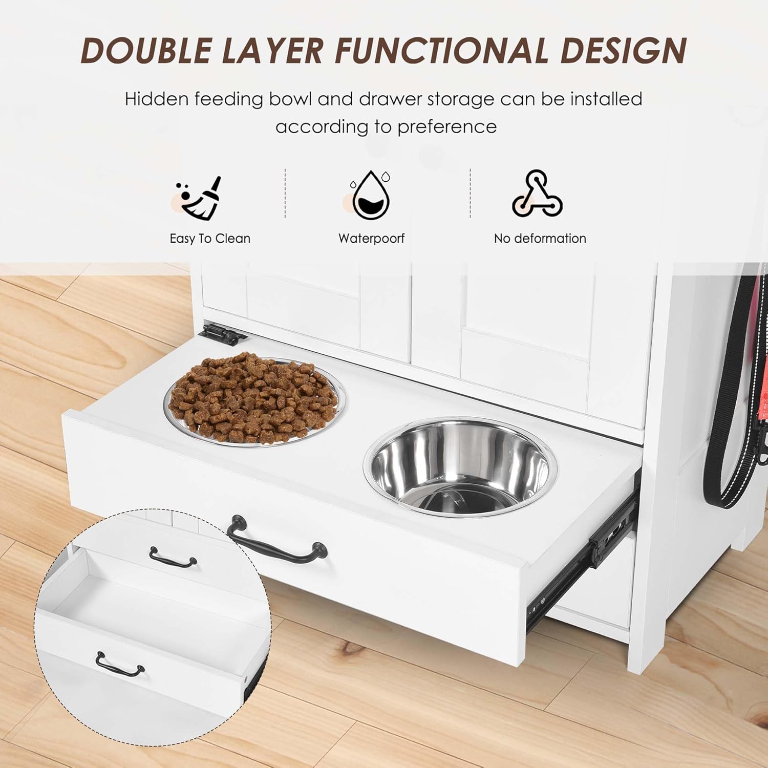 Majnesvon Pet Feeding Station with Storage Cabinet - Dog Food Organizer with Pull-Out Drawers, Adjustable Height Bowls & 3 Hooks - 23.6” Pet Storage Cabinet for Dogs & Cats