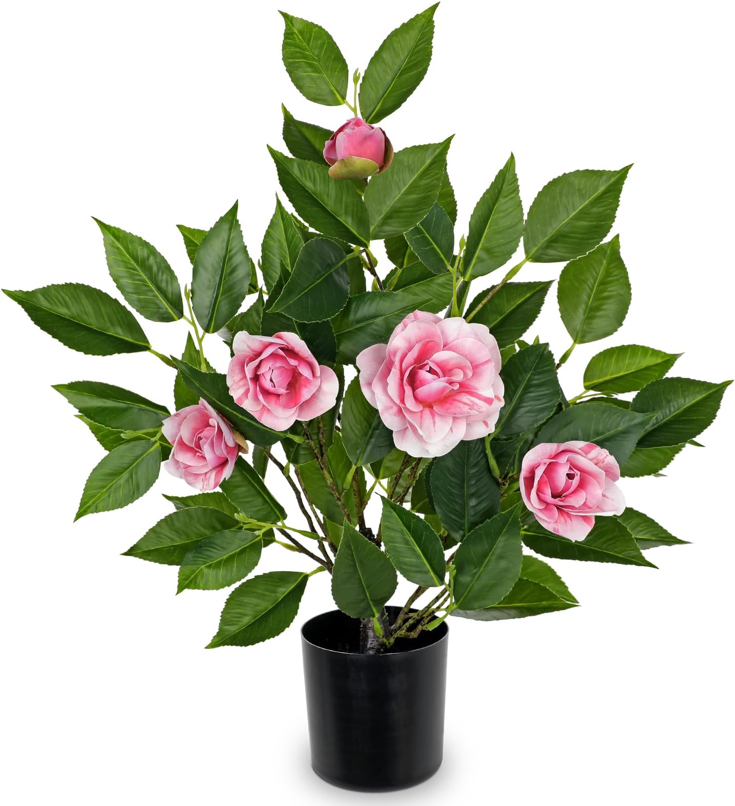 Small Artificial Camellia Roses Potted - 17.7" Pink Faux Camellia Rose Mini Tree Fake Flower Plant Artificial Plants & Flowers Indoor with Planter for Home Office Living Room Porch Arrangement Decor