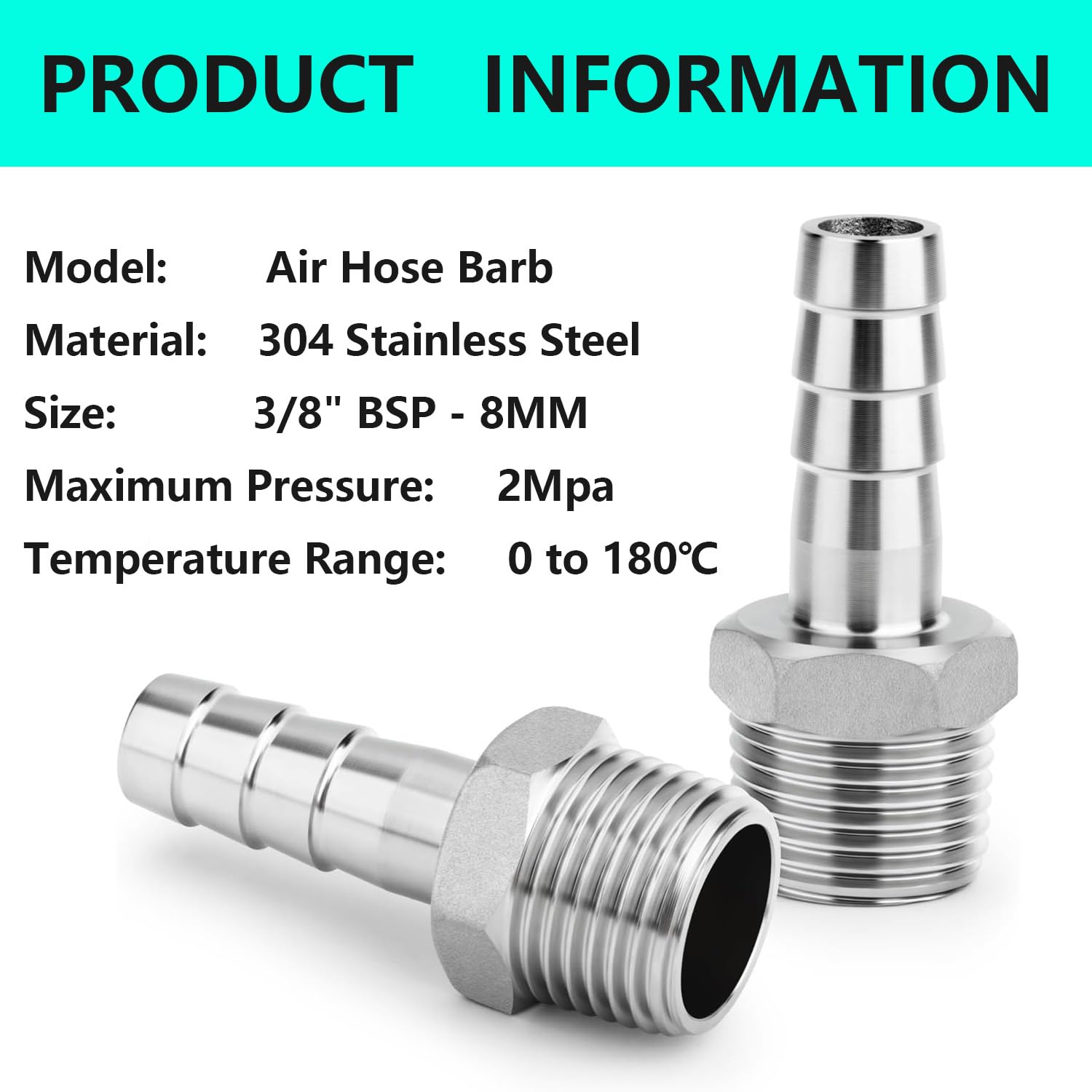 QZKJQDD 2 Pcs Stainless Steel Barb Hose Fitting, 8 MM Barb to 3/8" BSP Male Hose Barb Fittings - Image 3