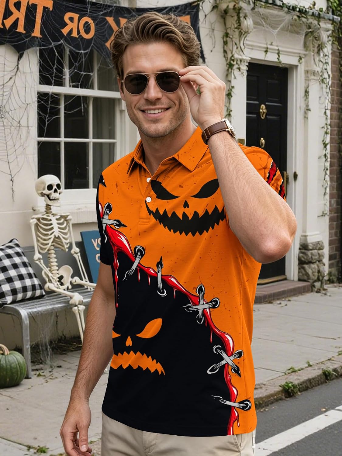 Halloween Shirts for Men Funny Horror Hawaiian Polo Shirt | Casual,Dry Fit,Quick Dry,Moisture Wicking,Golf Tops