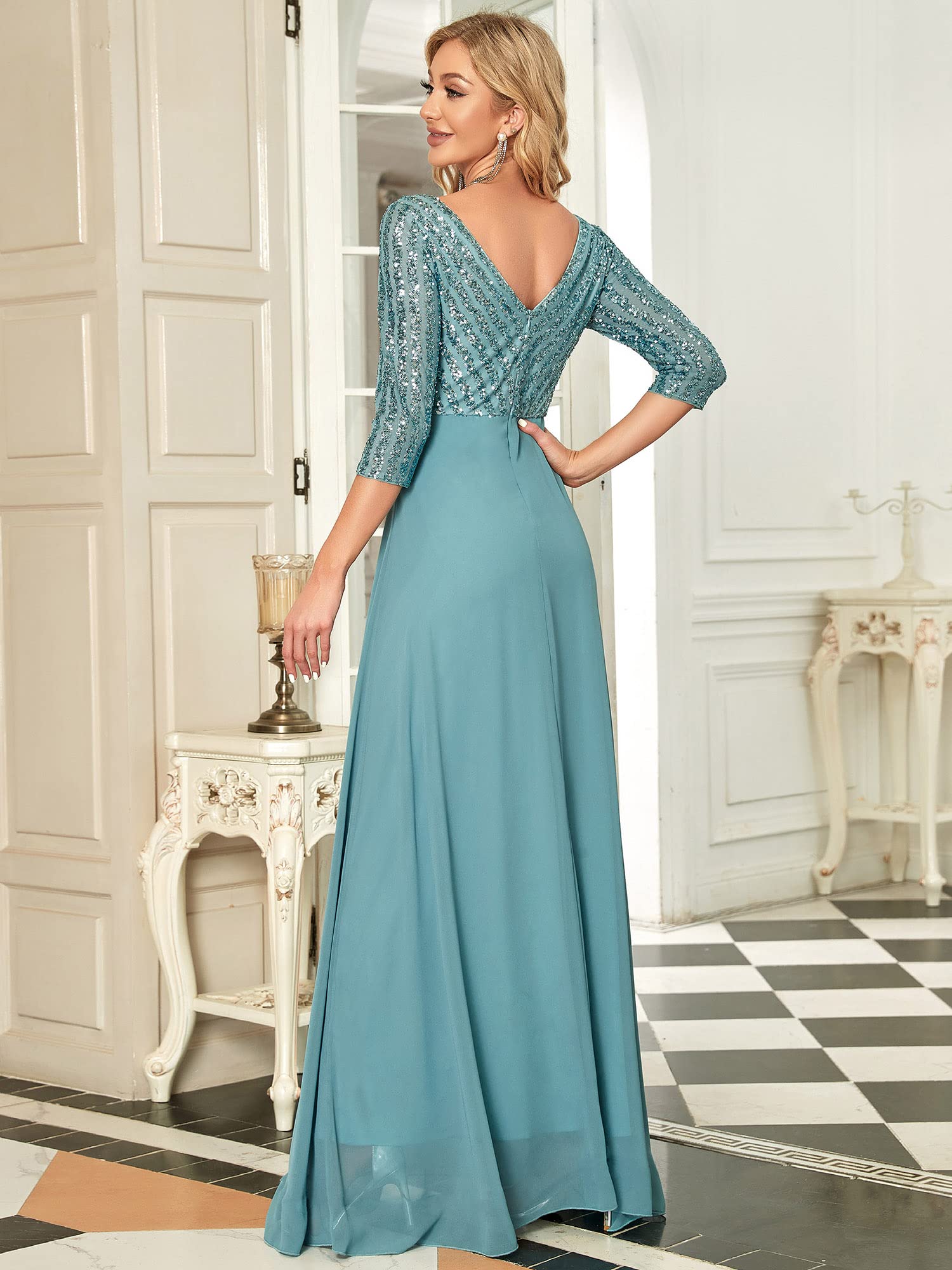 Ever-Pretty Vestido de Fiesta para Mujer Lentejuelas Manga Larga A-línea Escote en V Imperio Elegant Azul Polvoriento 42