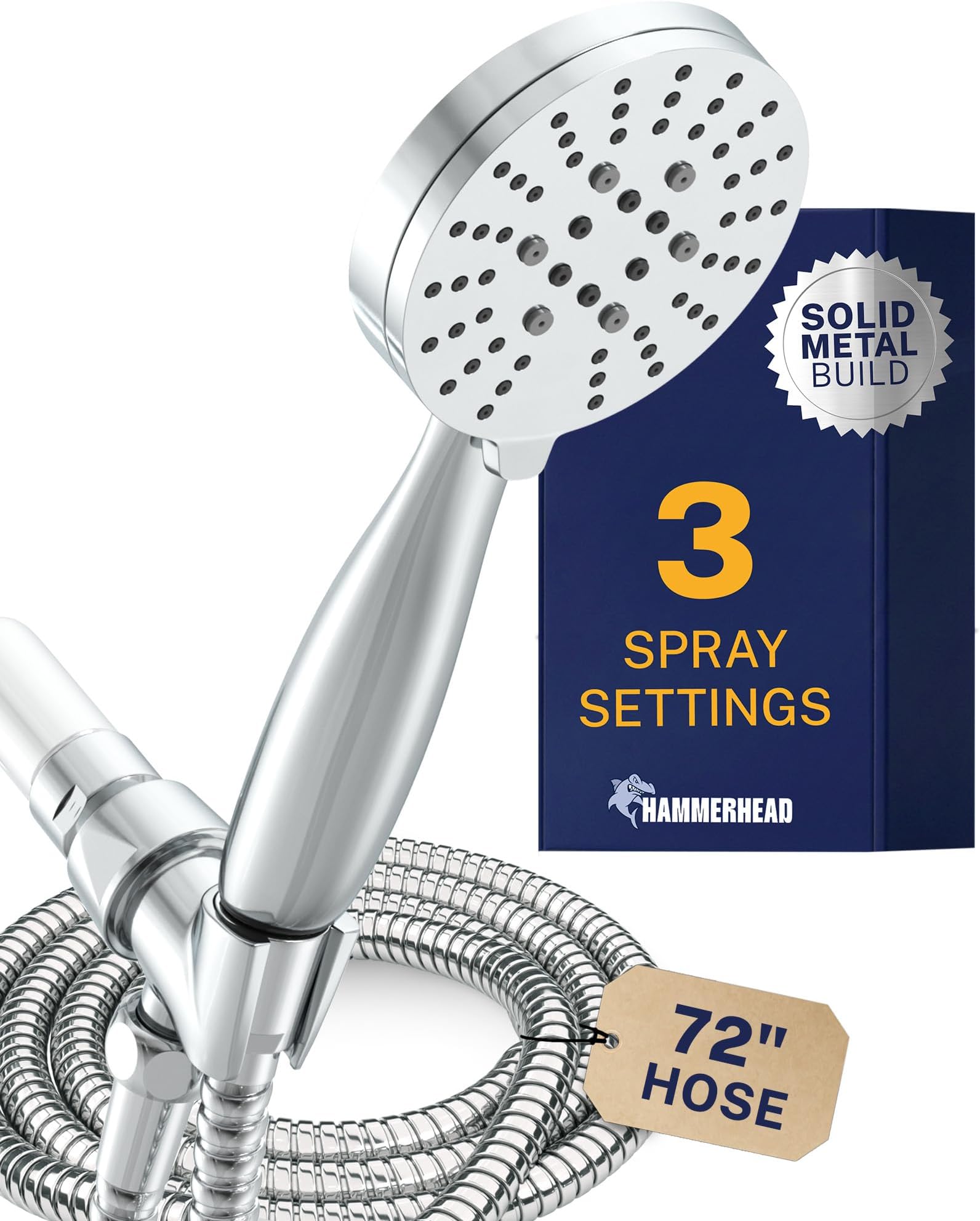 HammerHead Showers® Solid Metal 3-Spray Handheld Shower Head with Long Hose and Holder - CHROME - 2.5 GPM High Pressure Shower Head with Handheld Sprayer - WIDE, MASSAGE, and MIST Sprays