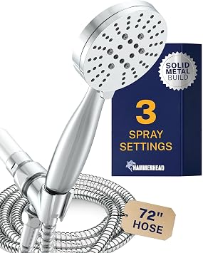 HammerHead Showers Solid Metal 3-Spray Handheld Shower Head with Long Hose and Holder - CHROME - 2.5 GPM High Pressure Shower Head with Handheld Sprayer - WIDE, MASSAGE, and MIST Sprays