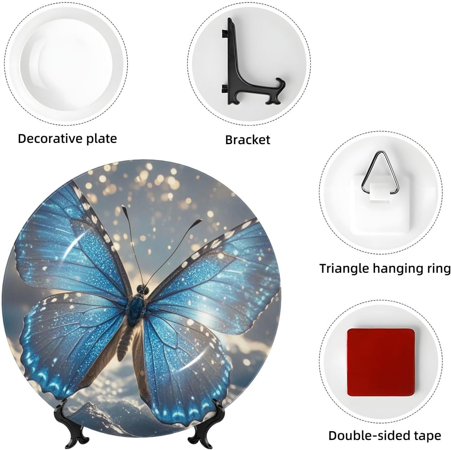 Bone China Decorative Plate with Display blue butterfly Ceramic Plates Crafts Art Decor Dessert Plate Ceramic Ornament Porcelain Plates for Living Room Kitchen Table Home Decor