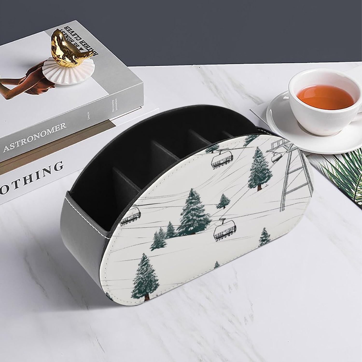 Ski Lift With Fir Tree Remote Control Holders PU Leather Remote Caddy Desktop Organizer with 5 Compartments TV Remote Holder Box Tray for Bedside Table Office Desk Accessories&Gift