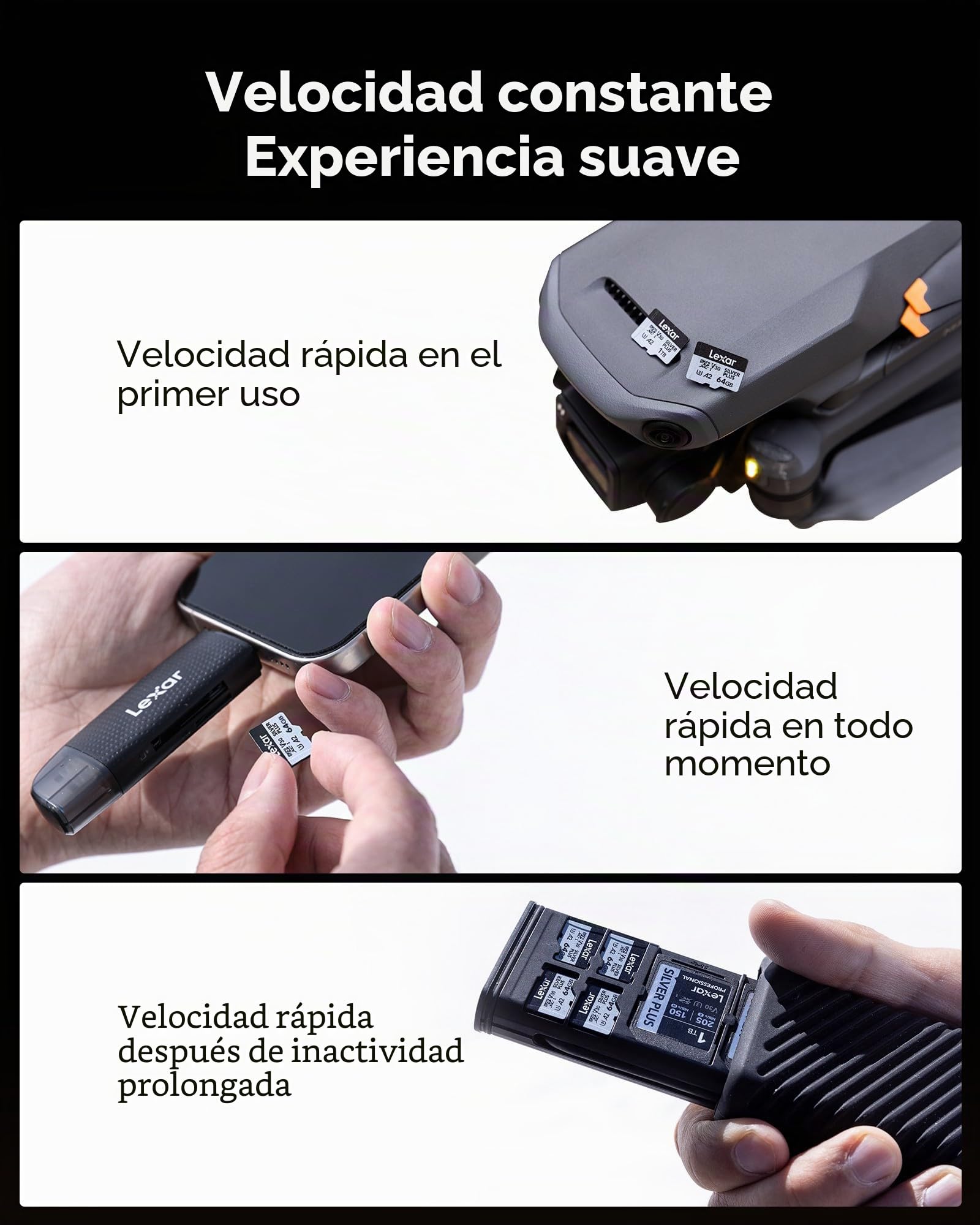 Lexar Tarjeta Micro SD 64 GB Silver Plus, Tarjeta de Memoria Micro SD con Adaptador, Tarjeta Microsdxc TF hasta 205 MB/s, A2, U3, Clase 10, V30, Full HD y 4K UHD para Cámara, Teléfono, Videoconsola