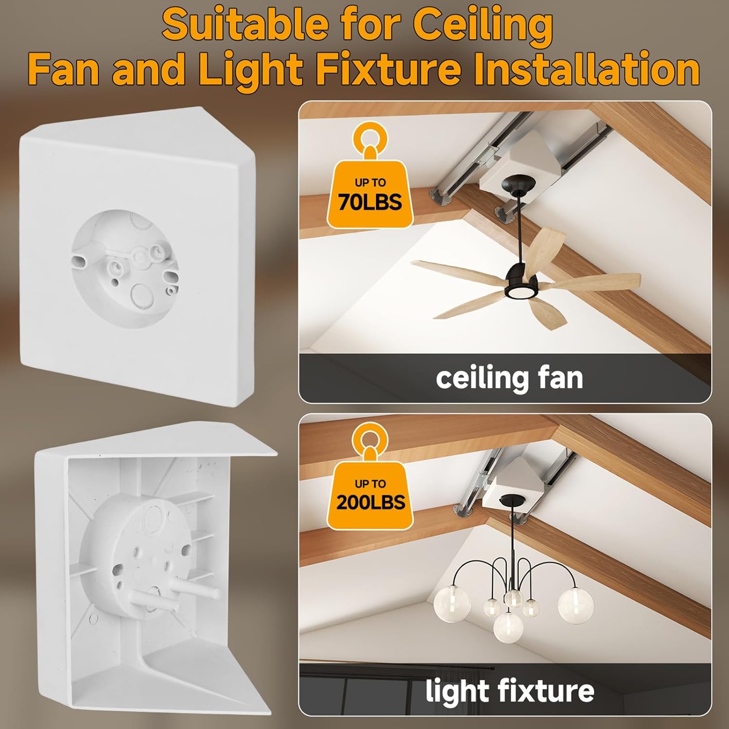 Ceiling Fan Box Mounting Bracket,14.5 Cubic-inches Adjustable Fan and Light Fixture Mounting Box, White Ceiling Fan Mount Box Bracket Kit for Cathedral Ceiling Angles of 80°or Up
