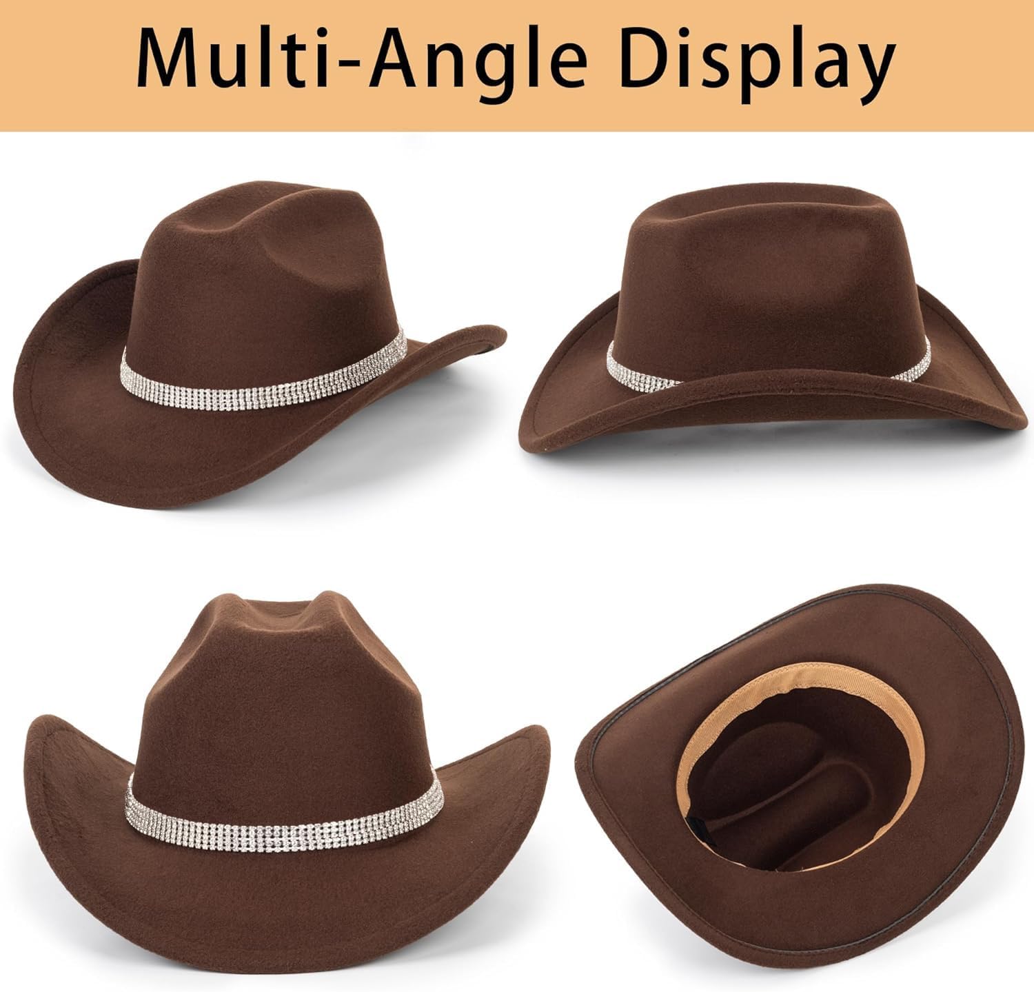 Vintage Roll Up Western Cowboy Hat for Men Women Cowgirl Fedora Hats Black/Brown Different Decorative Band M - Image 3