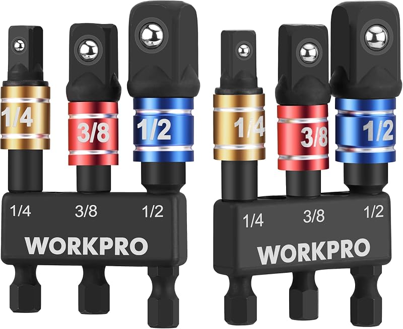 WORKPRO Juego de adaptadores de vaso de grado de impacto, unidad de 1/4", 3/8" y 1/2", broca de extensión con soporte, para taladro eléctrico a llave de impacto de alto par, 6 piezas