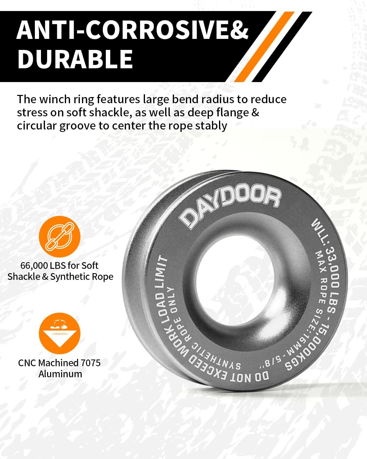 DAYDOOR Winch Snatch Recovery Ring, 66,000 LBS Breaking Strength, Gray
