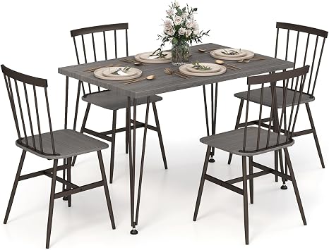 COSTWAY Dining Table and Chairs Set 4, 5 Piece Rectangular Kitchen Table and 4 Chairs with Curved Slatted Back & Swivel Foot Pads, Metal Frame Dining Room Furniture Set for Home Restaurant Grey Oak