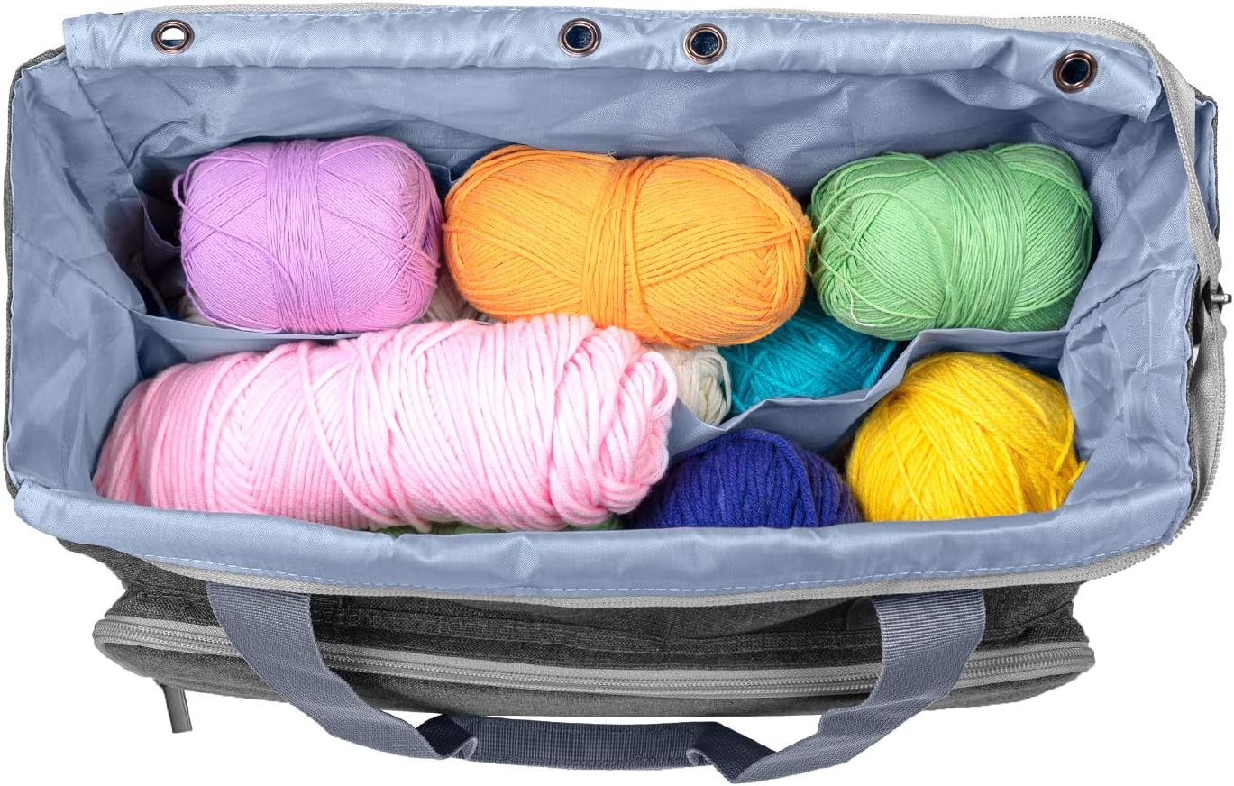 Teamoy Knitting Bag, Travel Yarn Storage Tote Organizer for Yarn, Unfinished Project, Crochet Hooks, Knitting Needles and Accessories, Lightweight, Water-Resistant, Large Capacity, Gray