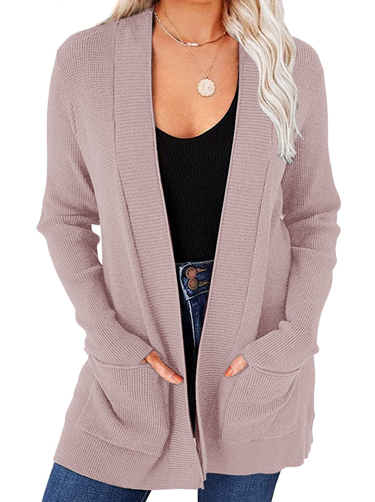 MEROKEETY Women's 2025 Fall Open Front Waffle Knit Cardigan Long Sleeve Cozy Knit Sweaters with Pockets