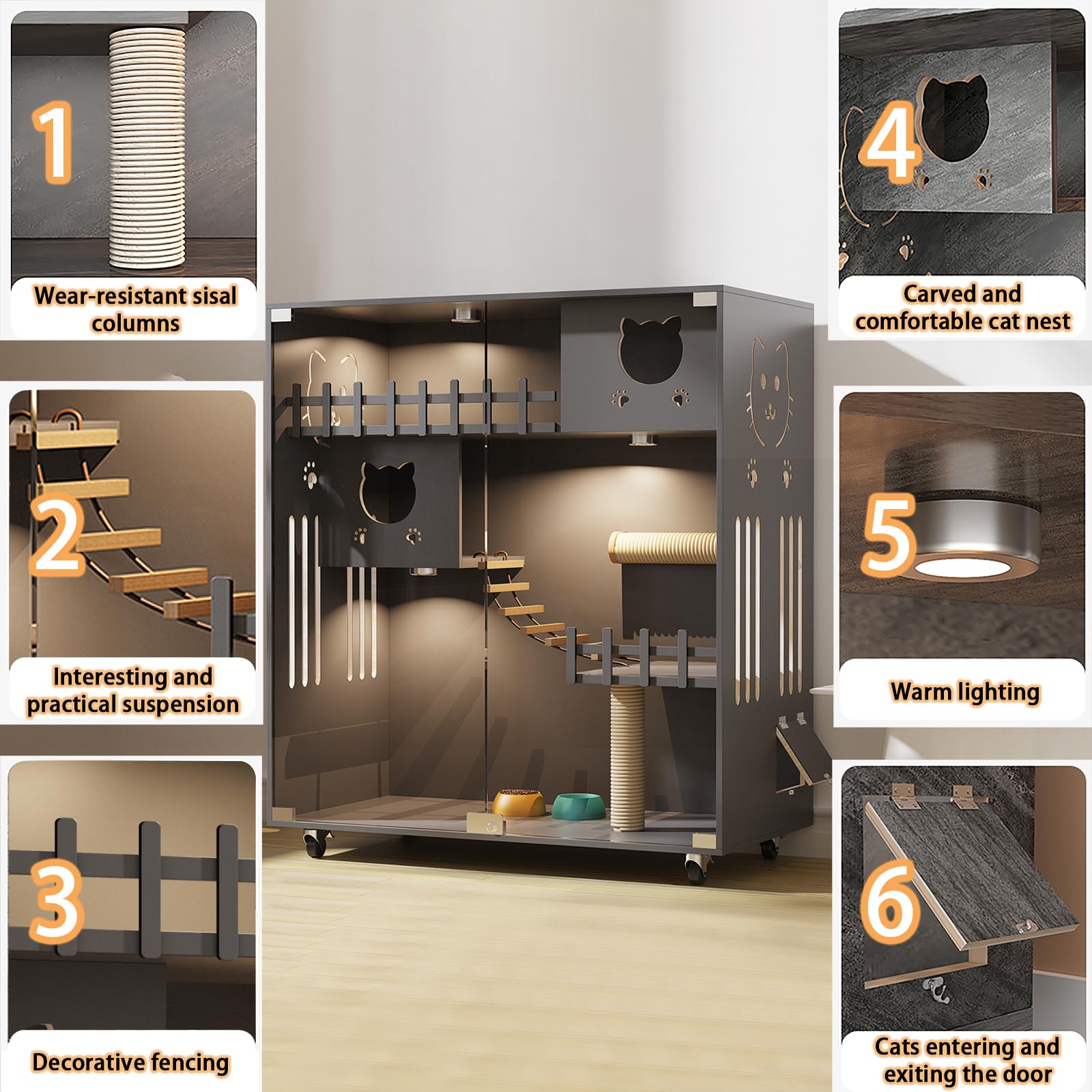 HUATOL Large Wooden Cat House for Outdoor and Indoor Cats, Multi-Feature Cat Condo with Cat Scratching Posts and Wheels, Enclosed Condo for Indoor Cats Ventilation Doors, 50