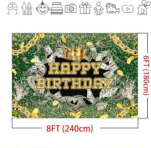 Miniatura 7 de Mocsicka Telón de fondo de cumpleaños con corona de oro verde, diamantes, billetes de dólar en efectivo, decoraciones de fiesta para adultos,