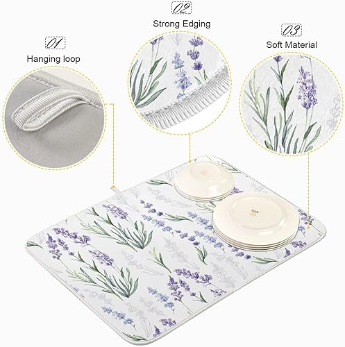 Vista 168 de Tapete de secado de platos de flores de fondo negro para encimera de cocina de 18 x 24 pulgadas, tapete de microfibra absorbente, tapete de secado